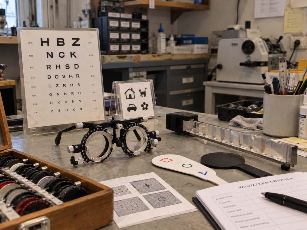 Tabella optotipica e occhiale di prova nel laboratorio di Ottica Cassar
